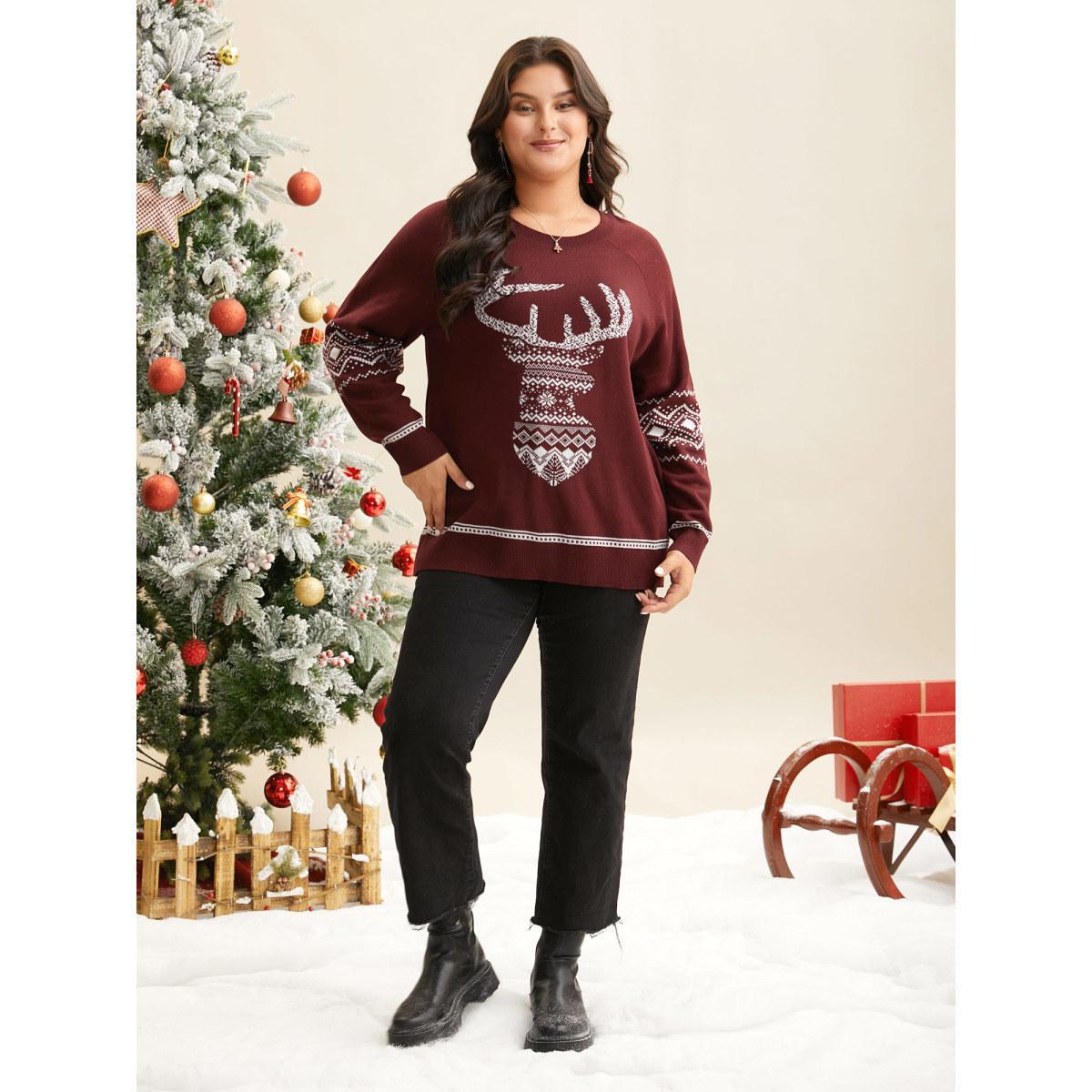 Plus Size Geo Reindeer Printed Sleeves Straight Fit Pullover Scarlet Women Casual Loose Long Sleeve Round Neck Everyday Pullovers BloomChic 10/M Product Image