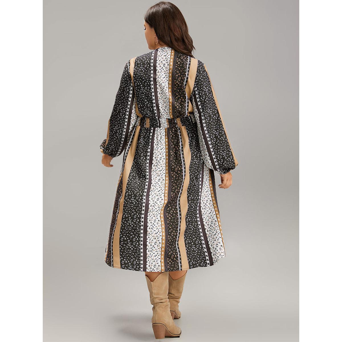 Plus Size Boho Print Striped Shirred Wrap Dress Leopard Women Vacation Elastic cuffs V-neck Long Sleeve Curvy Midi Dress BloomChic 26/4X Product Image