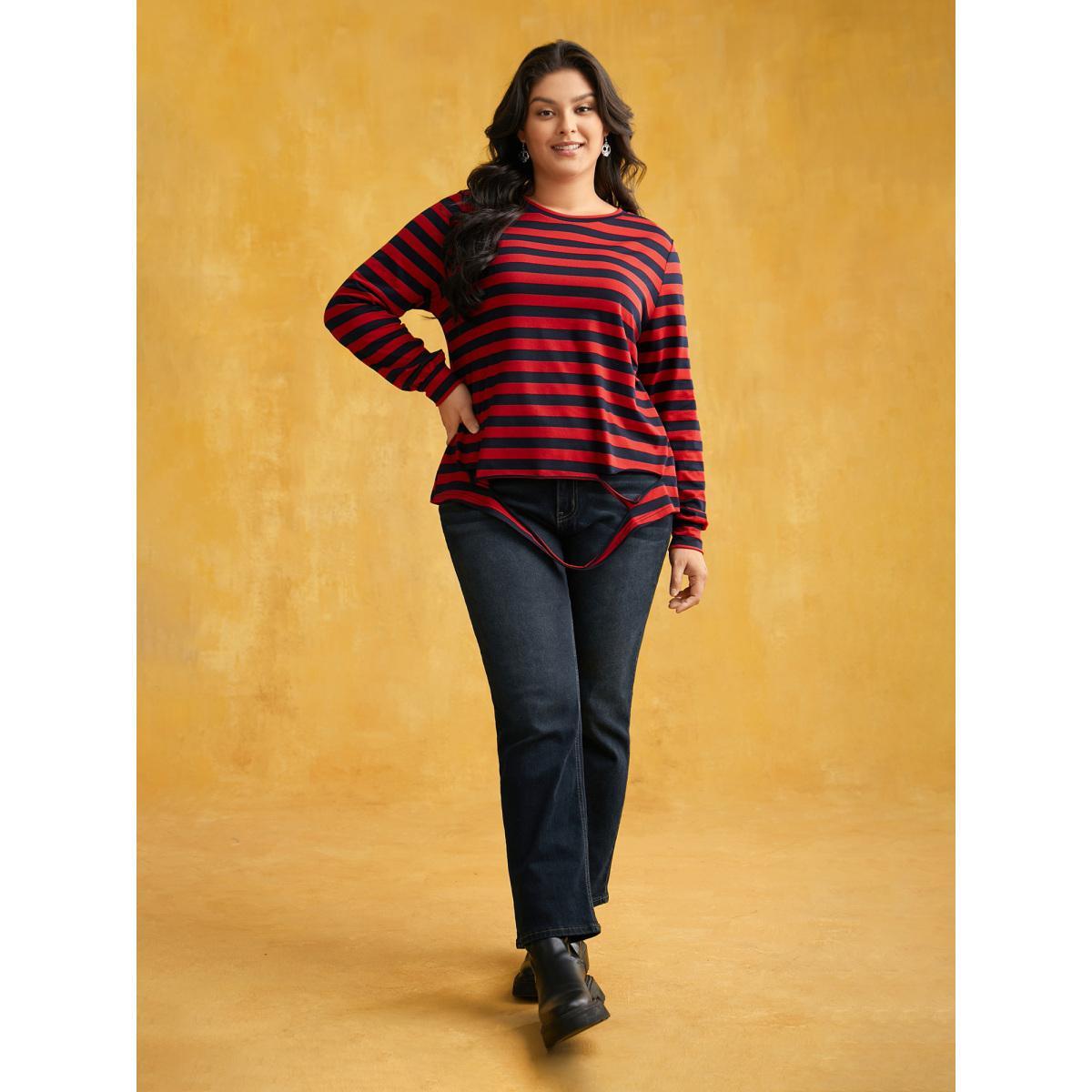 Plus Size Striking Striped Relaxed Fit T-shirt Brightred Women Casual Distressed Round Neck Everyday T-shirts BloomChic 26/4X Product Image