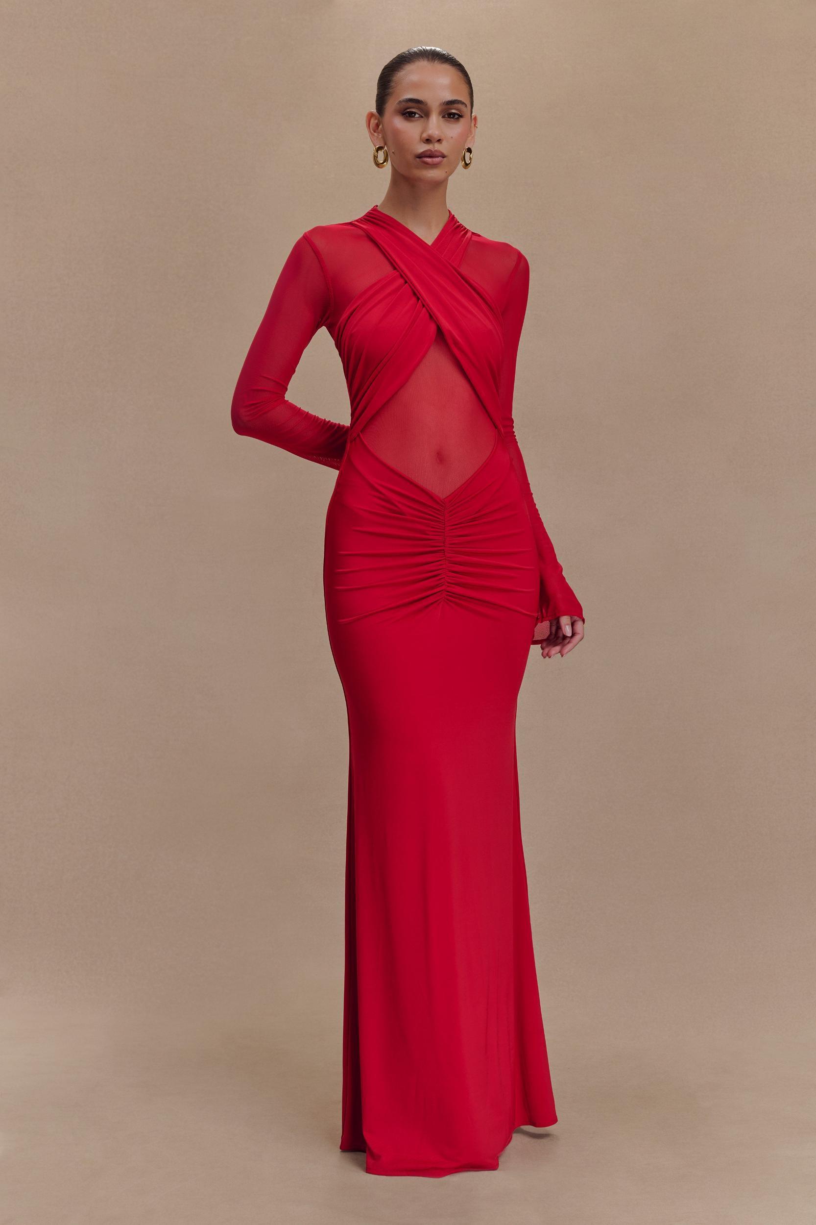 Tania Slinky And Mesh Long Sleeve Maxi Dress - Ruby Product Image
