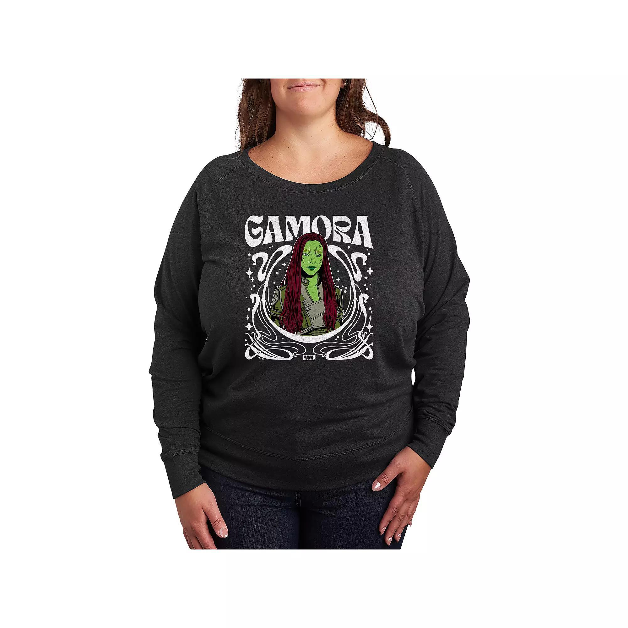 Plus Size Guardians of the Galaxy Gamora Nouveau Floral French Terry Long Sleeve Tee, Womens Heather Grey Product Image