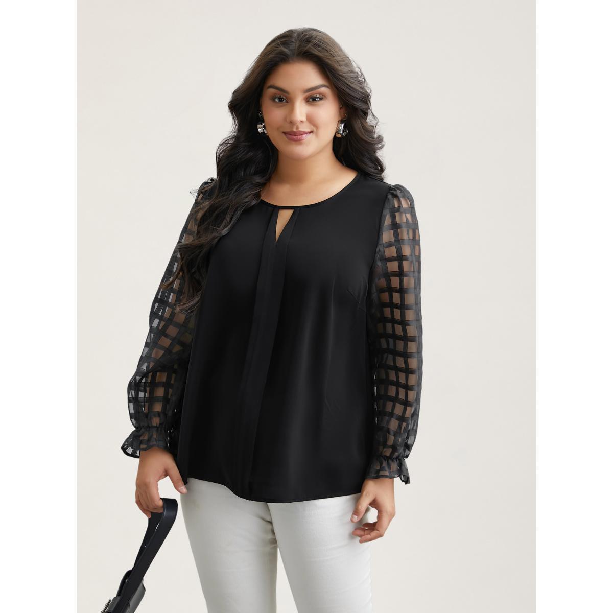 Plus Size Black Sheer Textured Sleeve Neck Cut-Out Shirt Women At the Office Long Sleeve Round Neck Work Blouses BloomChic 28/5X Product Image
