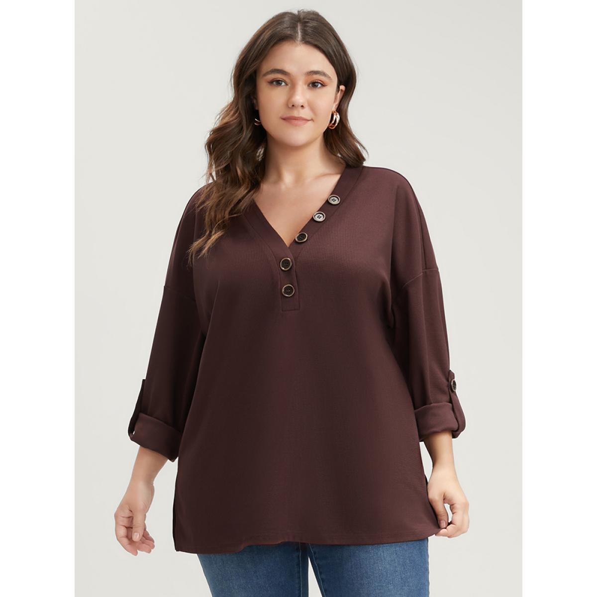 Plus Size Solid Cuffed Sleeve Split Hem Long Tee Burgundy Women Casual Button Plain V-neck Work T-shirts BloomChic 26/4X Product Image