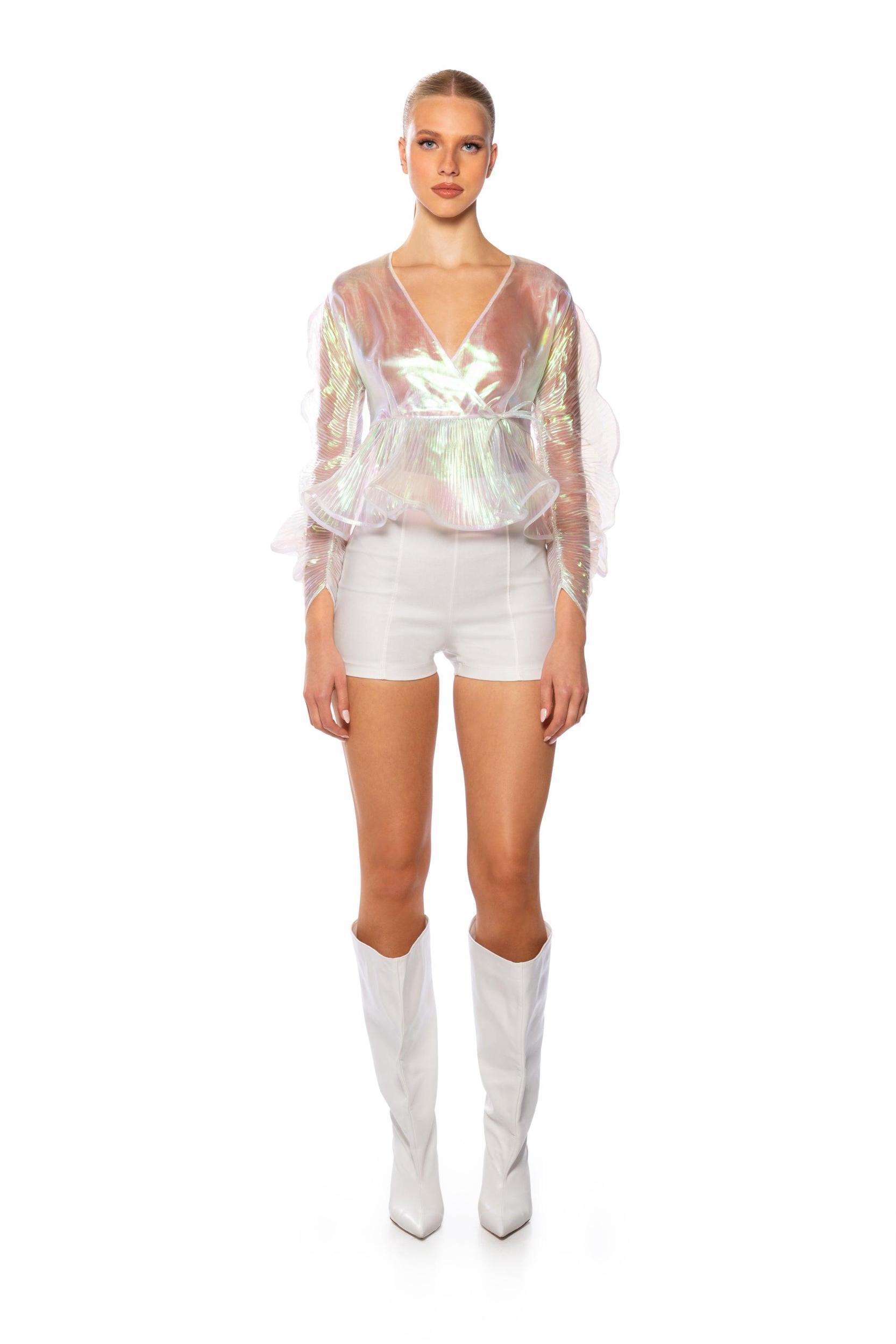 ETHEREAL PLEATED PEPLUM WRAP BLOUSE Product Image