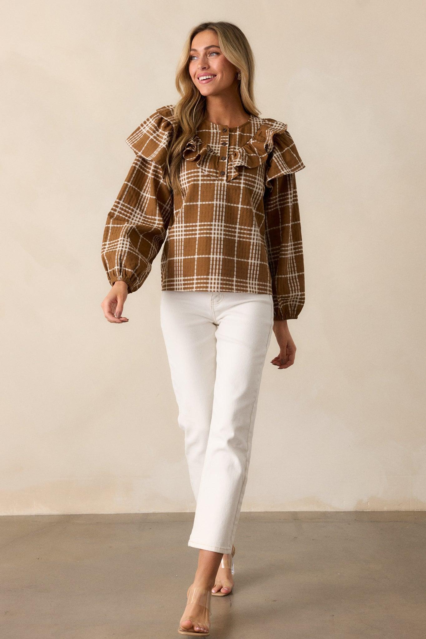 Mellow Moments Cotton Mocha Flutter Sleeve Blouse Product Image