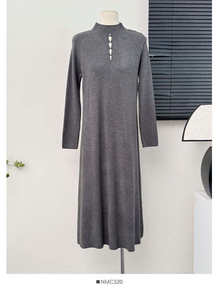Window-Front Mock-Neck Knit Midi Dress in 5 Colors Product Image