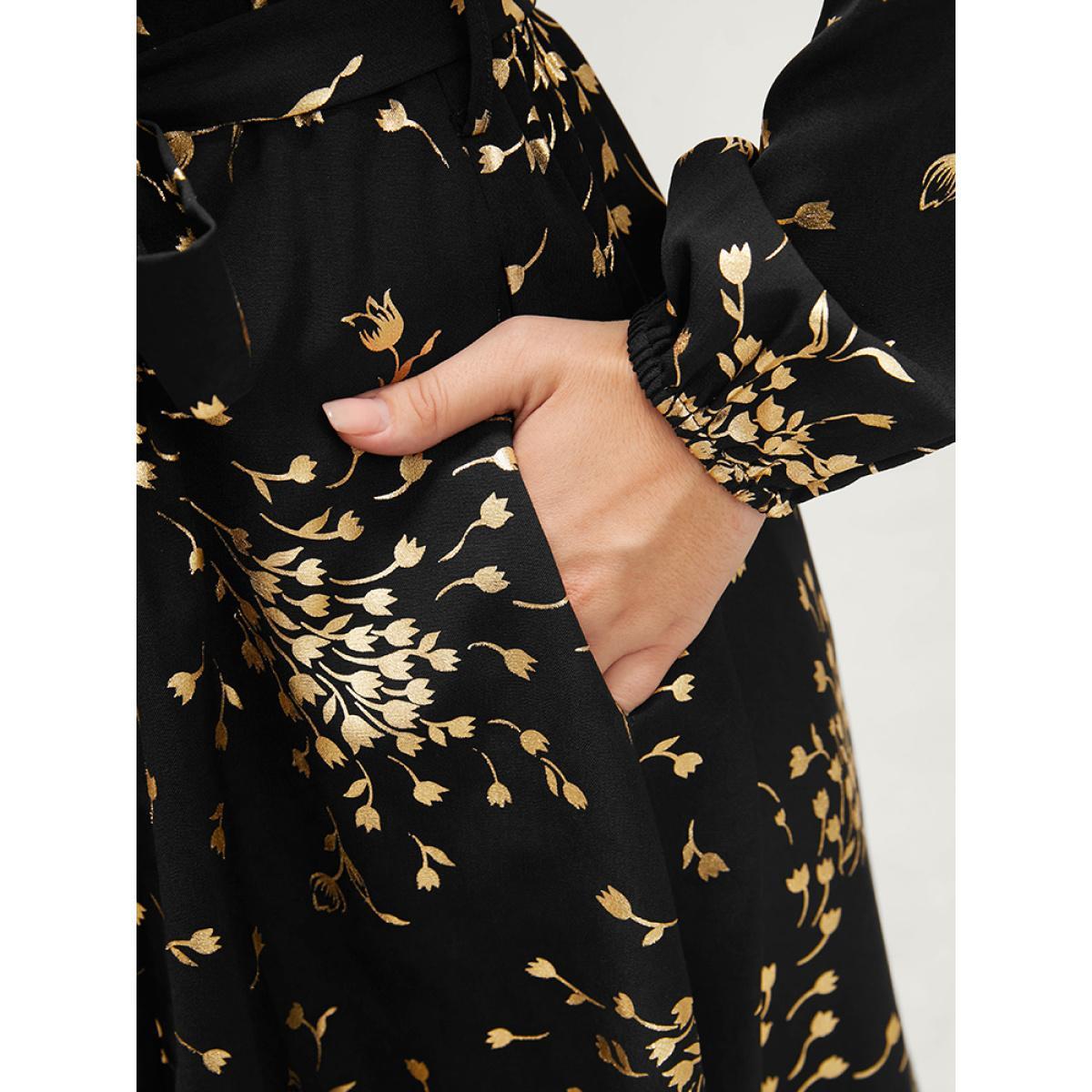 Plus Size Floral Pocket Lantern Sleeve Belted Surplice Neck Dress Black Women Party Belted V-neck Long Sleeve Curvy Midi Dress BloomChic 10/M Product Image