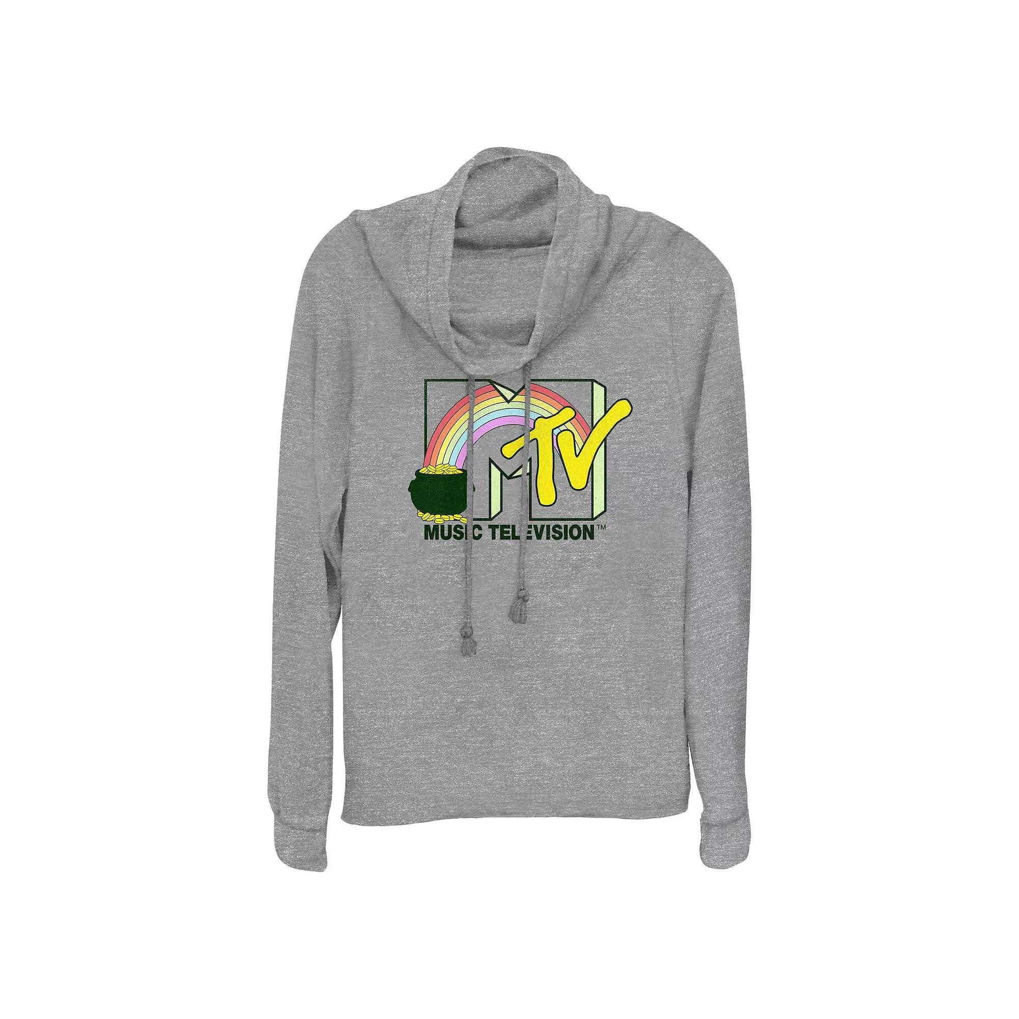 Womens MTV Pot Of Gold Cowlneck Graphic Lightweight Long Sleeve Gray Grey Product Image