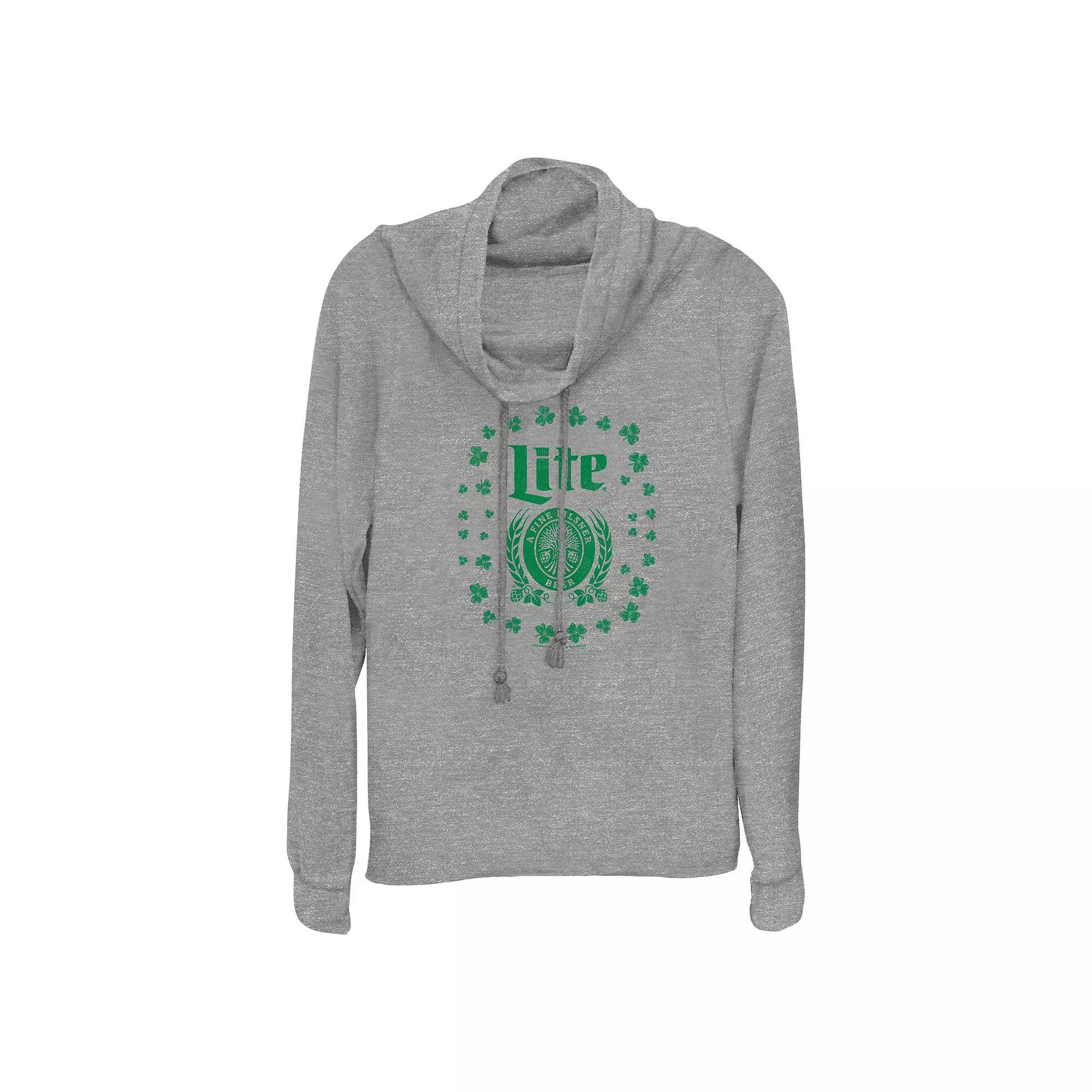 Womens Miller Lite Shamrock Logo Cowlneck Graphic Lightweight Long Sleeve Gray Grey Product Image
