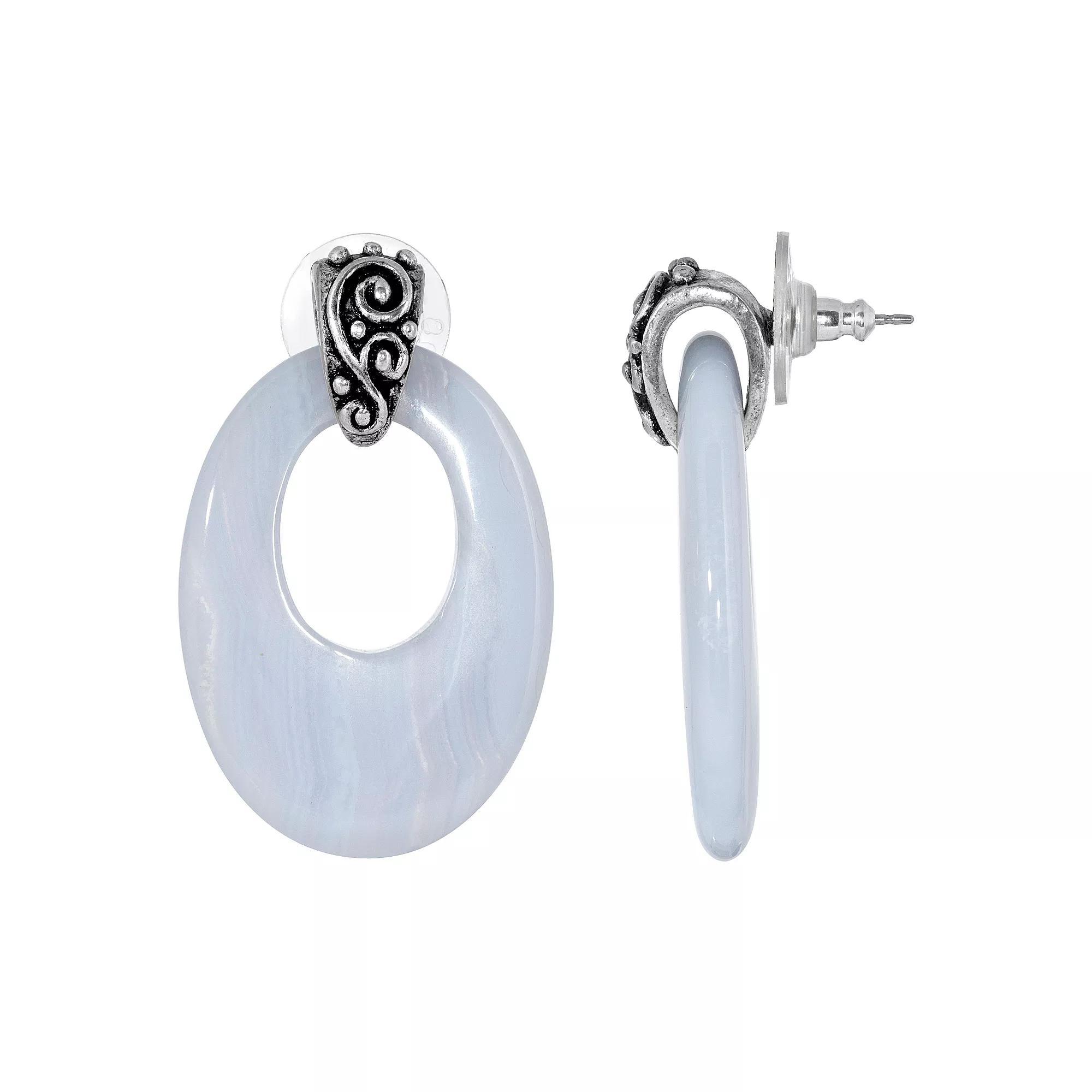 1928 Pewter Stone Oval Doorknocker Drop Earrings, Womens, Blue Product Image