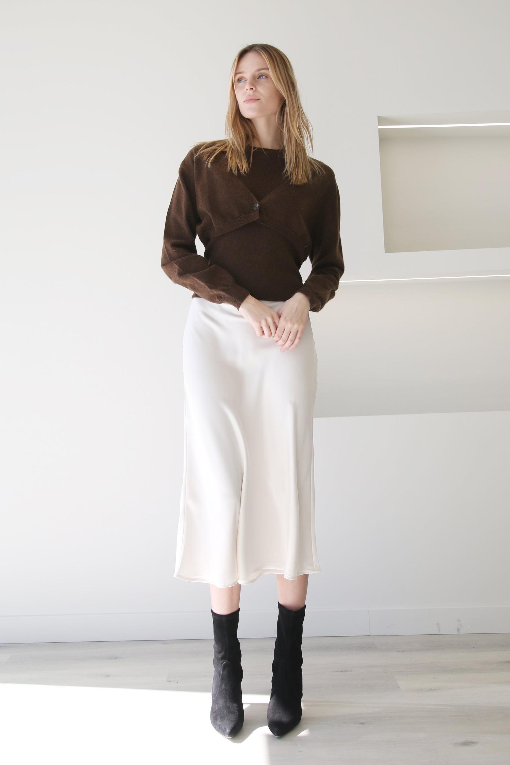 High Waist A-Line Midi Satin Skirt Ivory Product Image
