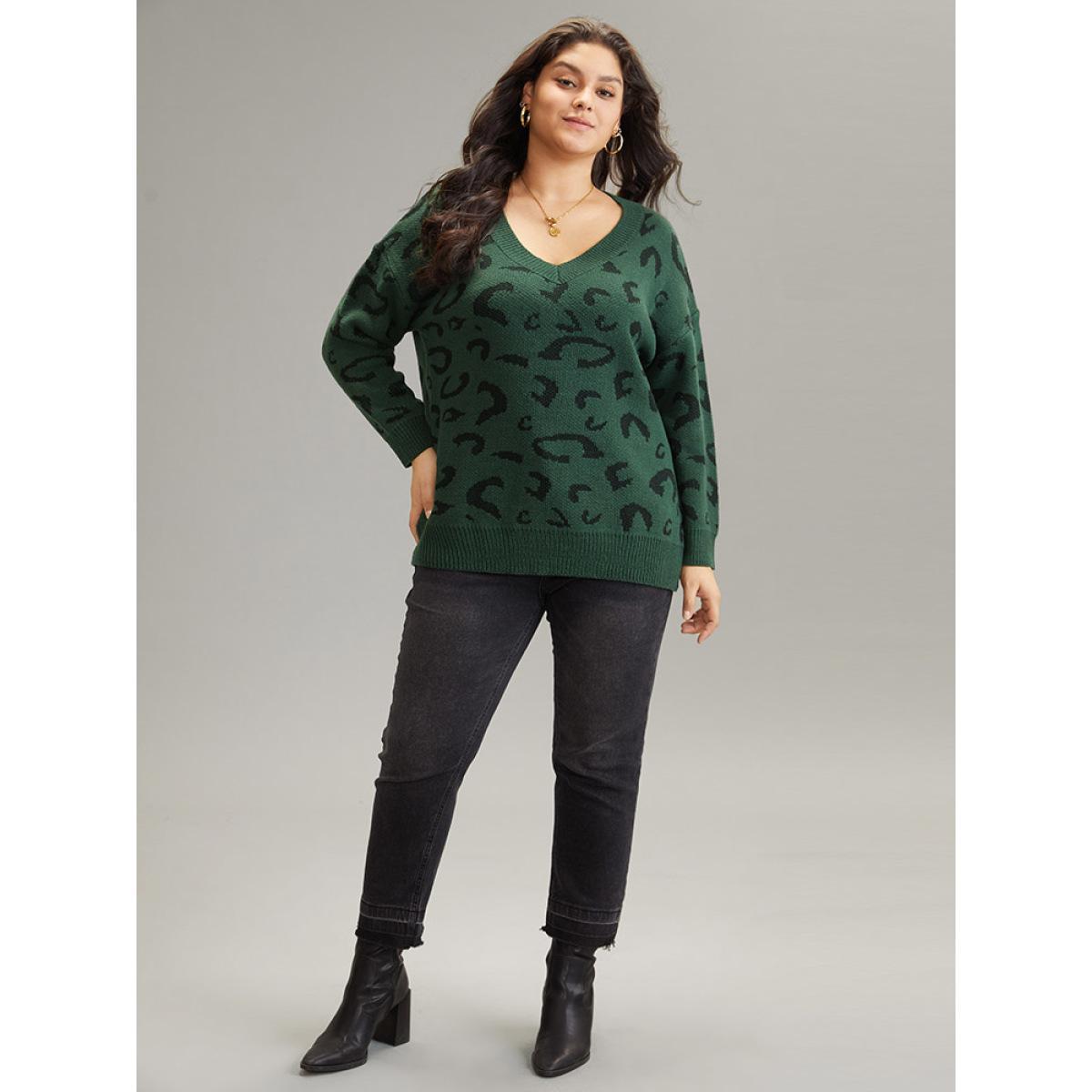 Plus Size Supersoft Essentials Leopard Print Drop Shoulder Pullover DarkGreen Women Casual Loose Long Sleeve V-neck Dailywear Pullovers BloomChic 12/L Product Image