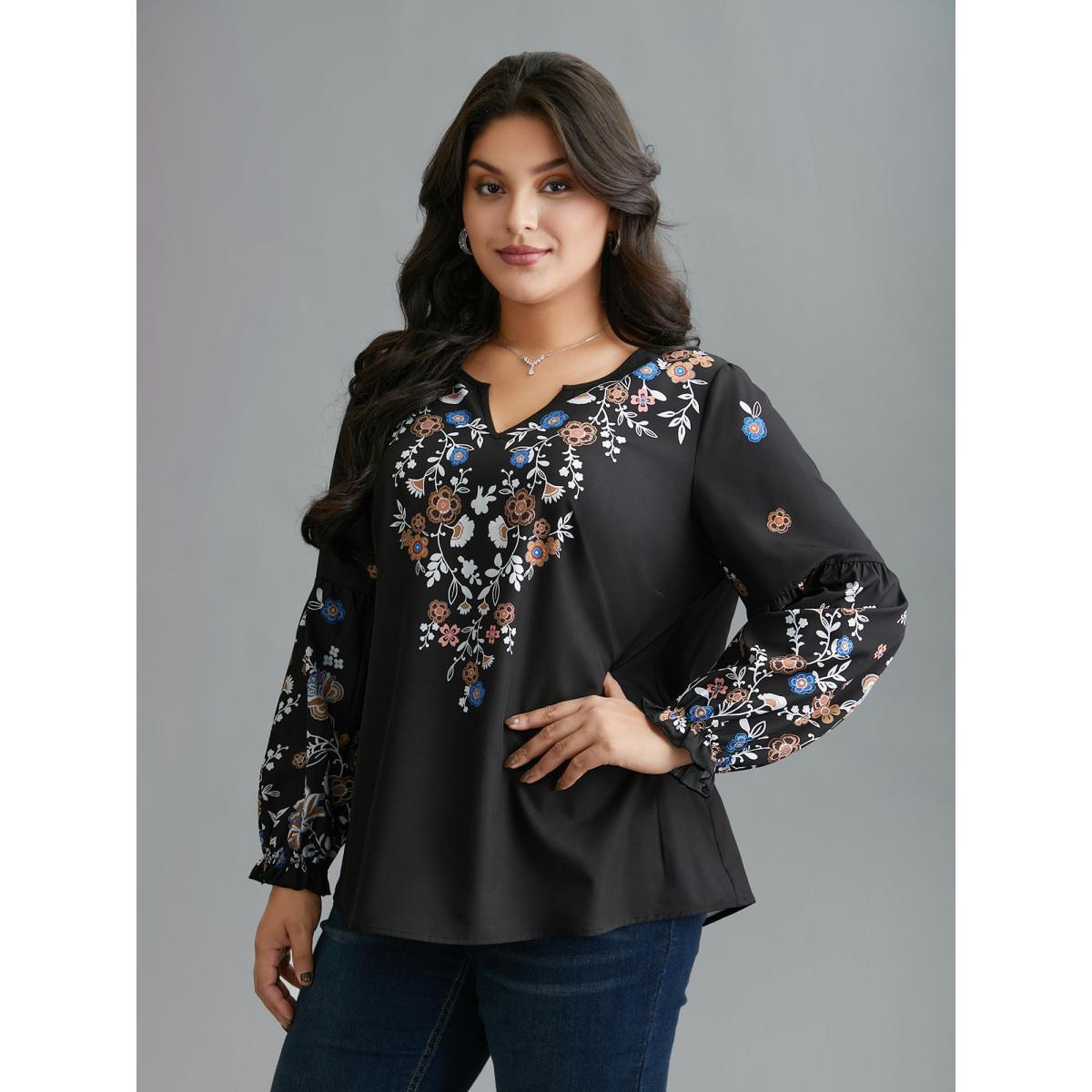 Plus Size Black Floral Puffy Sleeve V-Neck Blouse Women Elegant Long Sleeve Notched collar Everyday Blouses BloomChic 28/5X Product Image
