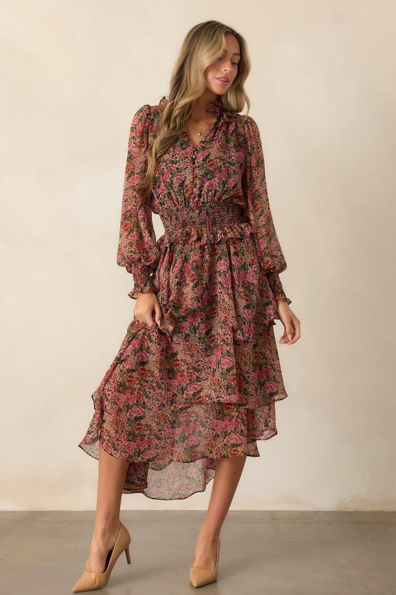 Roses Of Love Black Multi Floral Long Sleeve Ruffle Midi Dress Product Image