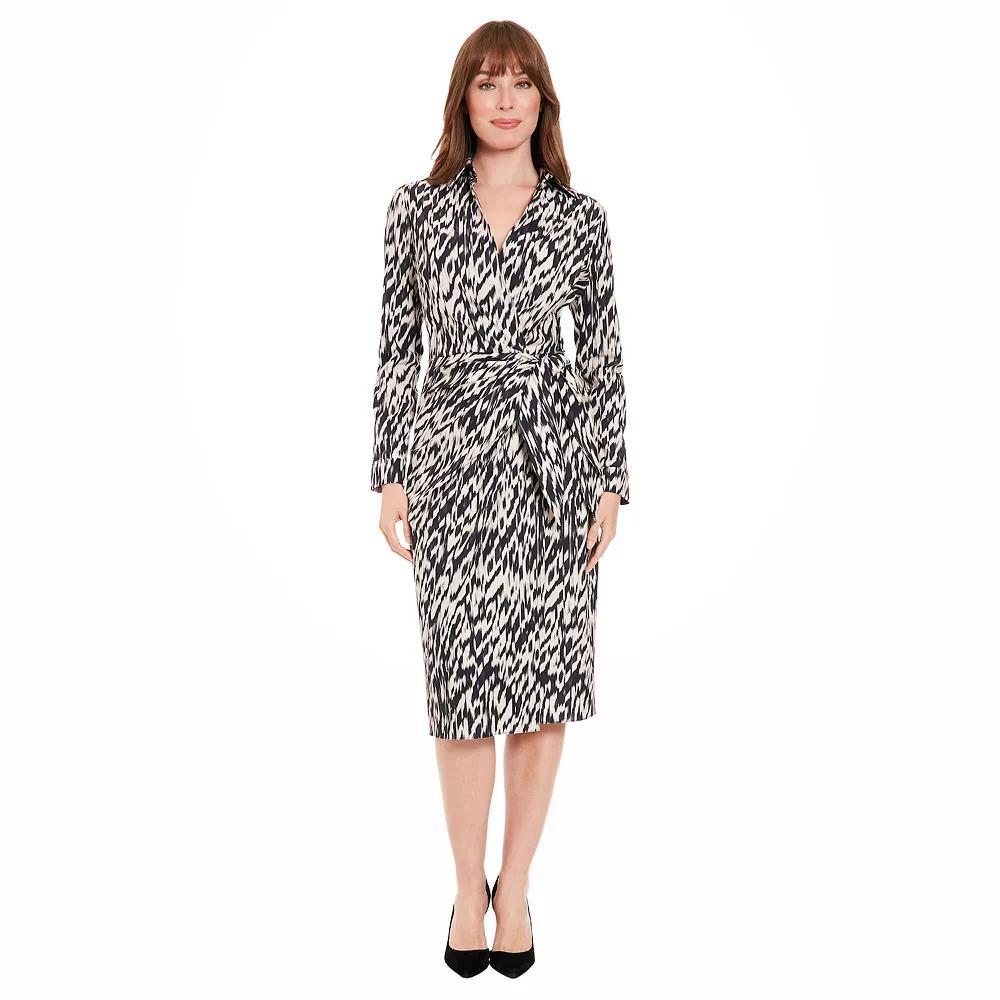 Women's London Times Faux Wrap Side Tie Midi Dress, Size: 14, Cream Black Product Image
