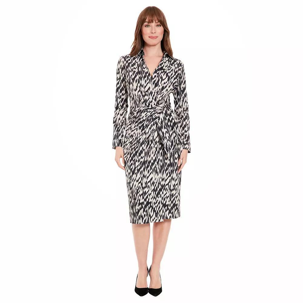 Women's London Times Faux Wrap Side Tie Midi Dress, Size: 14, Cream Black Product Image