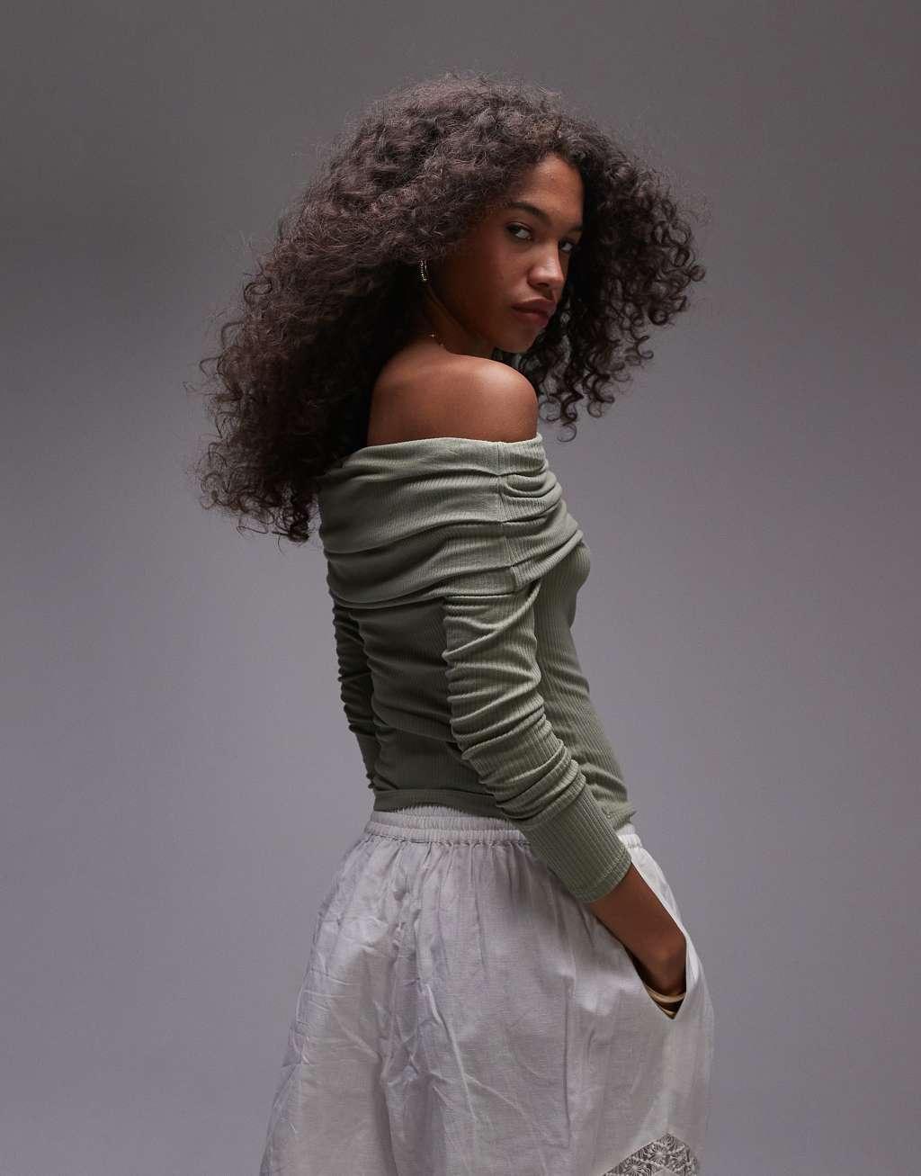 Topshop premium ribbed long sleeve bardot top in washed khaki Product Image