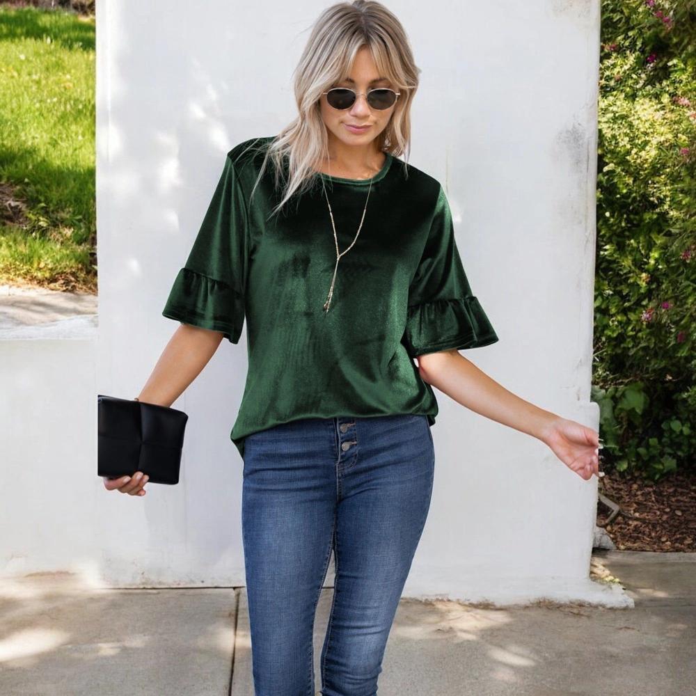 Amaryllis Women's Velvet Ruffle Sleeve Top Luxurious Soft Fabric Comfortable Relaxed Fit Stylish Versatile for Casual- 3X ,Green Product Image