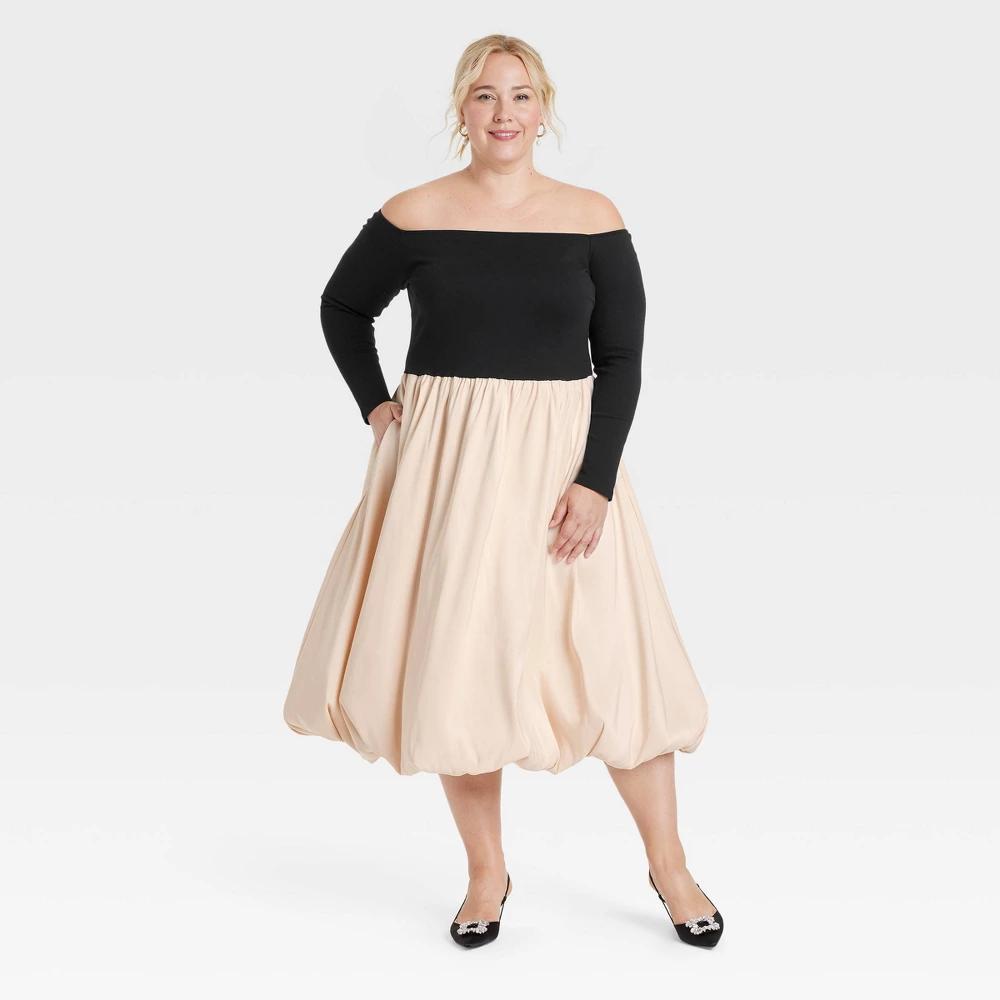 Womens Long Sleeve Midi A-Line Dress - A New Day Black/Cream Product Image