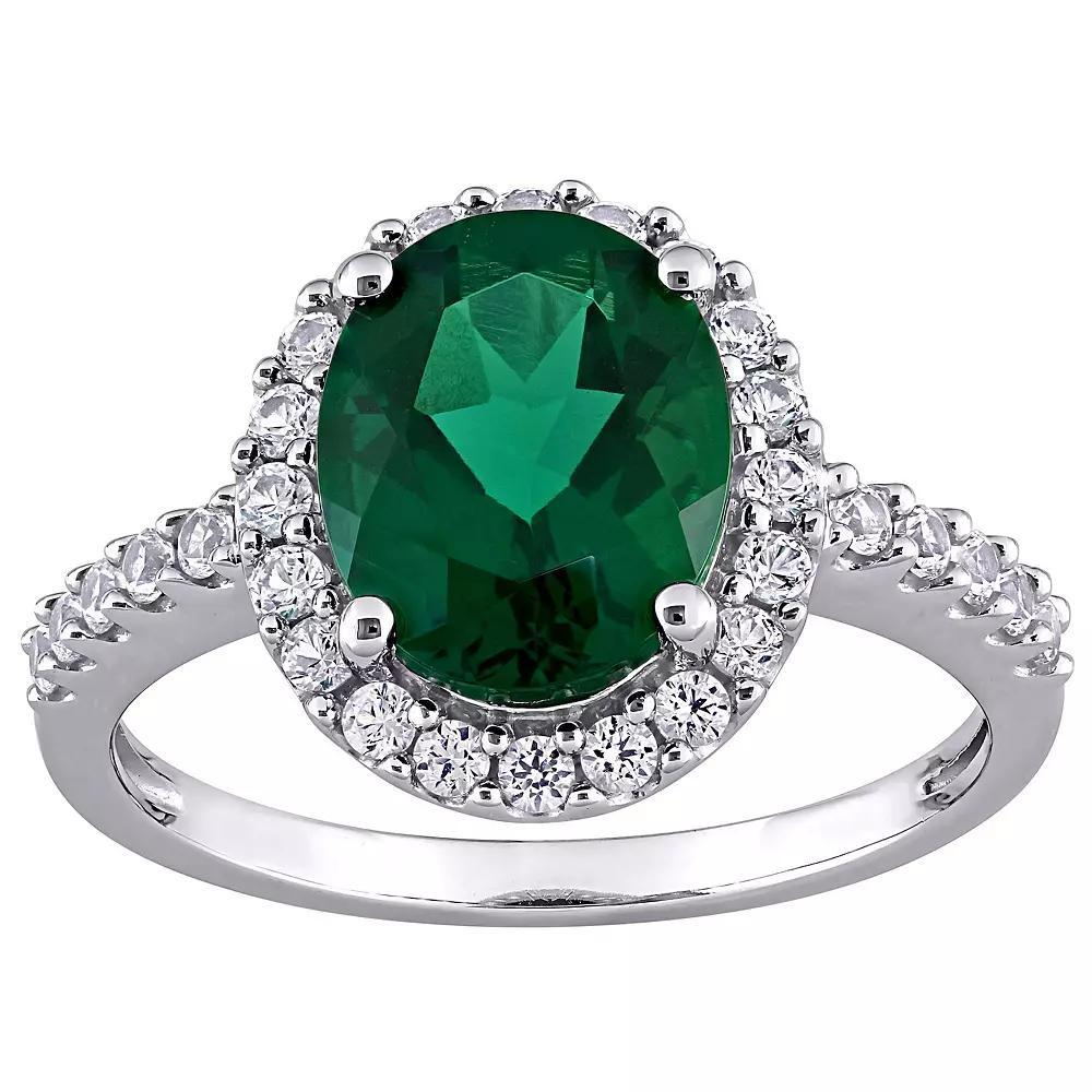 Stella Grace 10k White Gold Lab-Created Emerald & Lab-Created White Sapphire Halo Engagement Ring, Women's, Size: 10.50 Product Image