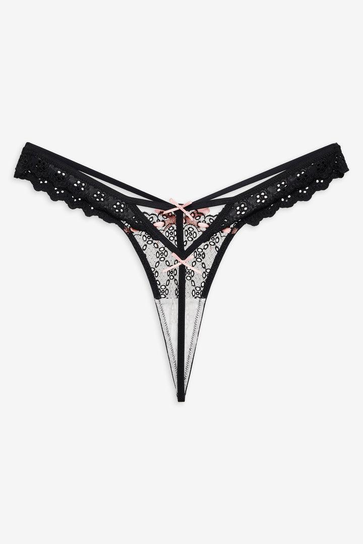 Elena Eyelet Thong Panty — Black Product Image