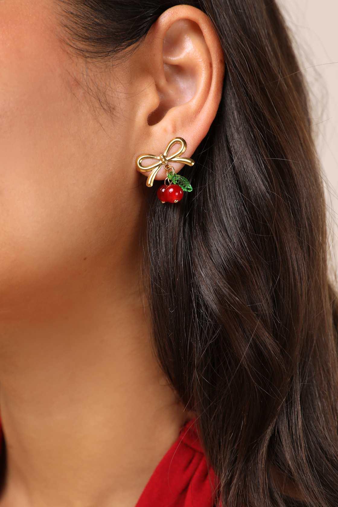 Joselyn Gold and Red Cherry Stud Earrings Product Image