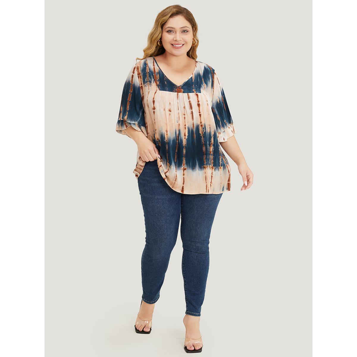 Plus Size Multicolor Tie Dye V Neck Flounce Sleeve Blouse Women Vacation Half Sleeve V-neck Dailywear Blouses BloomChic 10/M Product Image