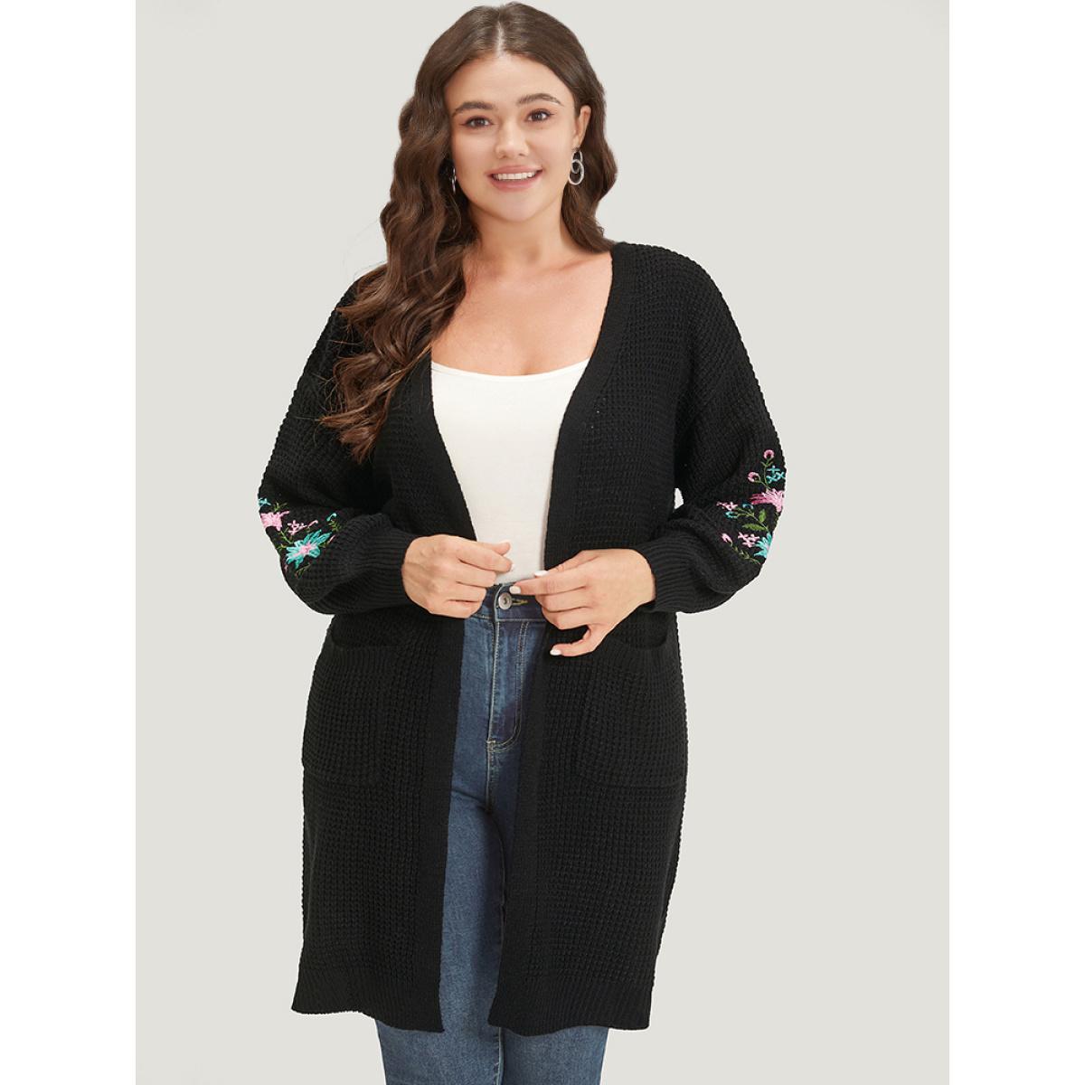 Plus Size Plants Embroidered Lantern Sleeve Open Front Cardigan Black Women Casual Loose Long Sleeve Dailywear Cardigans BloomChic 10/M Product Image