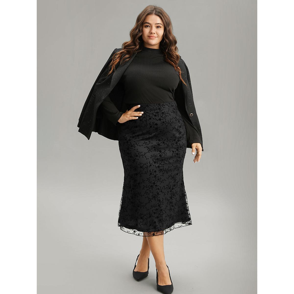 Plus Size Silhouette Floral Print Flocking Elastic Waist Skirt Women Black Elegant Velvet Bodycon Low stretch Dailywear Skirts BloomChic 18-20/2X Product Image