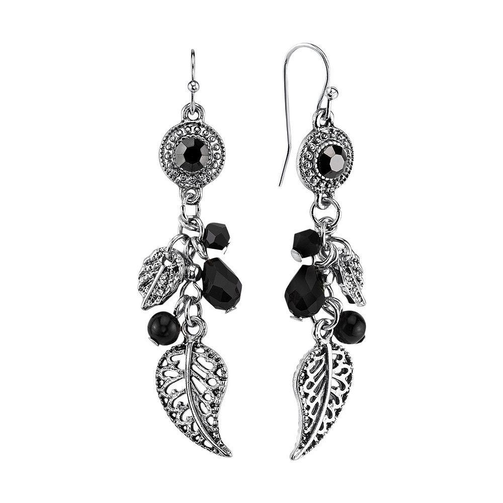 1928 Bead & Leaf Drop Earrings, Womens, Silver Tone Black Product Image