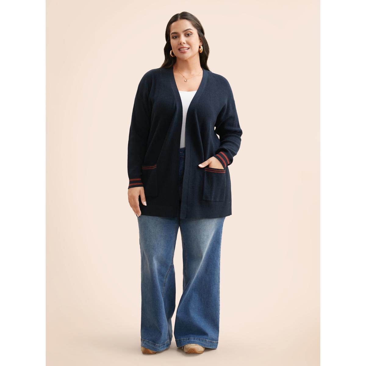 Plus Size Supersoft Essentials Contrast Striped Kimono Collar Cardigan Midnight Women Casual Loose Long Sleeve Everyday Cardigans BloomChic 30/6X Product Image