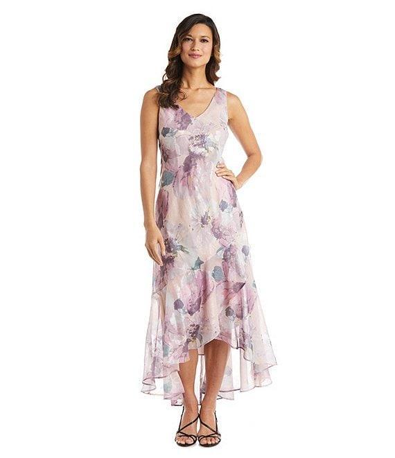 R & M Richards Floral Print Chiffon Bolero 3/4 Sleeve Asymmetrical Ruffle Hem 2-Piece Jacket Dress Product Image