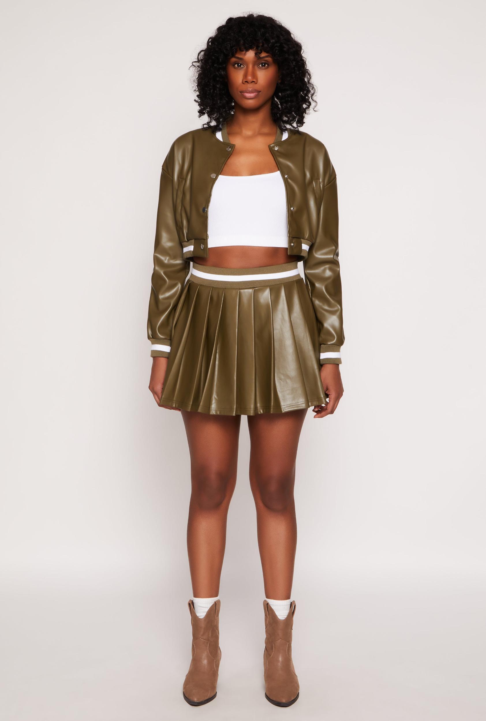 Womens Faux Leather Varsity Stripe Pleated Skort Product Image