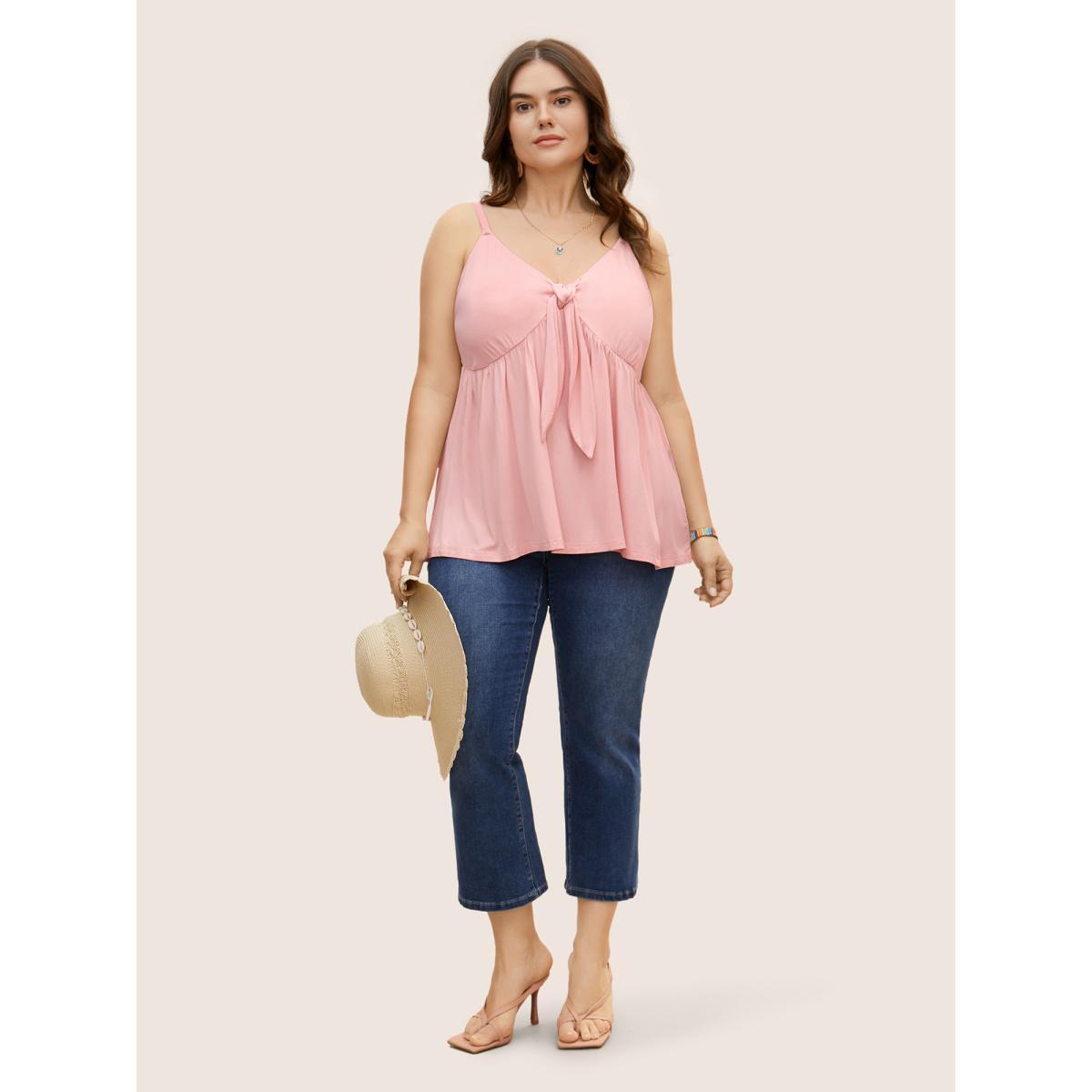 Plus Size V Neck Solid Tie Knot Shirred Cami Top Women Nudepink Resort Tie knot V-neck Vacation Tank Tops Camis BloomChic 30/6X Product Image