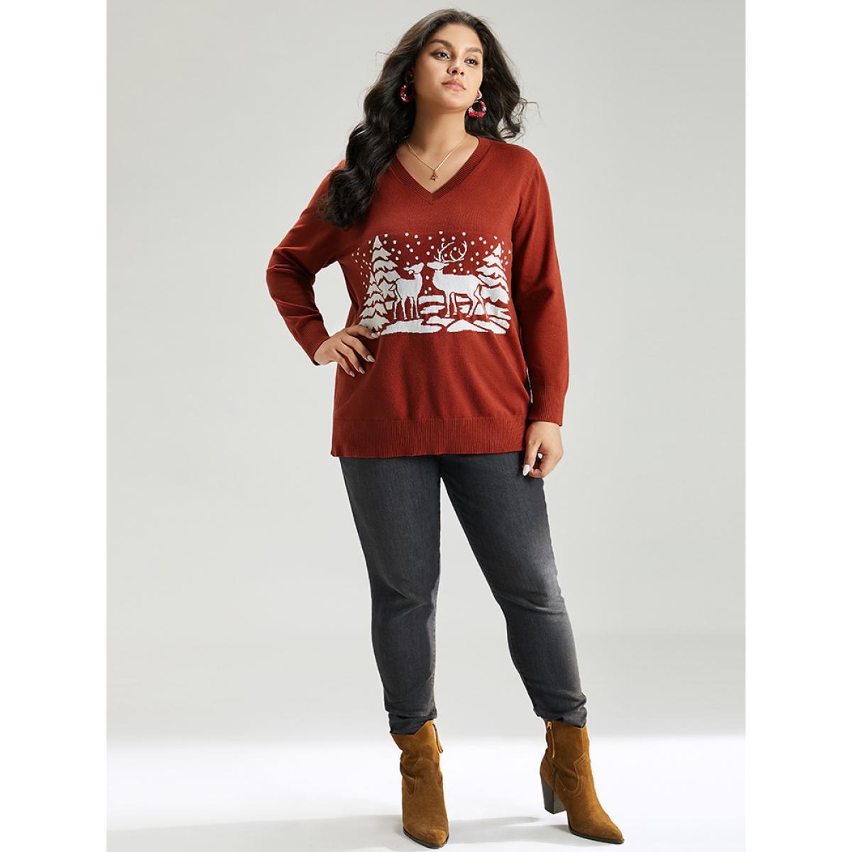 Plus Size Anti-Pilling Christmas Trees & Elk Print Pullover Rust Women Casual Loose Long Sleeve V-neck Festival-Christmas Pullovers BloomChic 26/4X Product Image