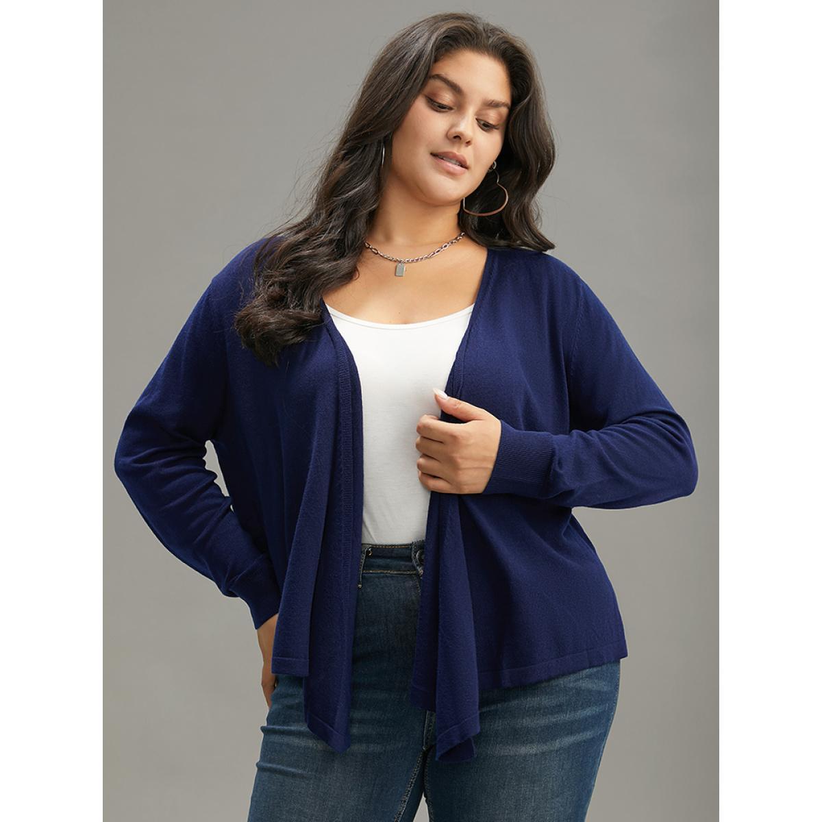 Plus Size Supersoft Essentials Asymmetrical Hem Elastic Cuffs Cardigan Indigo Women Basics Loose Long Sleeve Everyday Cardigans BloomChic 30/6X Product Image