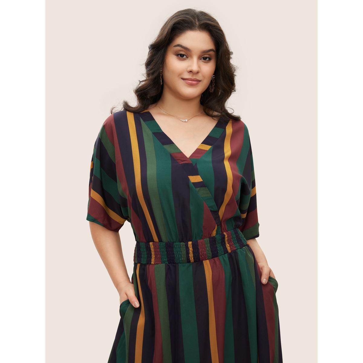 Striped Patchwork Plus Size Women Elegant Dress Regular Dolman Half Sleeve V Neck Pocket Vacation Dresses BloomChic Product Image