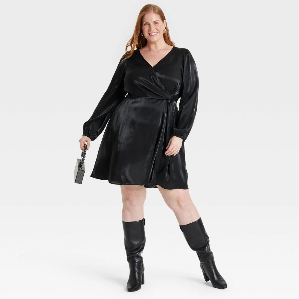 Womens Balloon Long Sleeve Midi Wrap Dress - Ava & Viv Black XXL Product Image