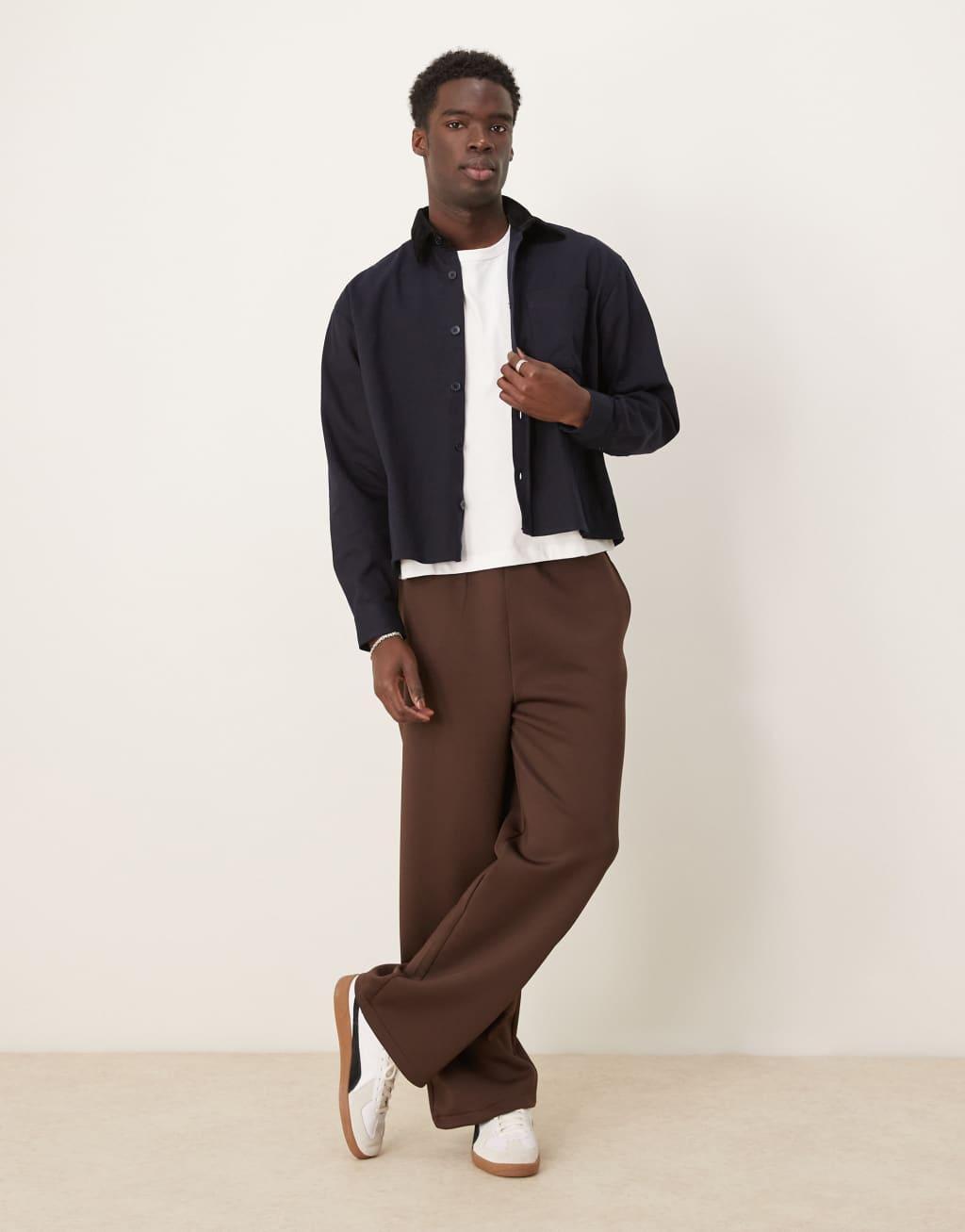 ASOS DESIGN oversized boxy overshirt with cord collar in navy Product Image