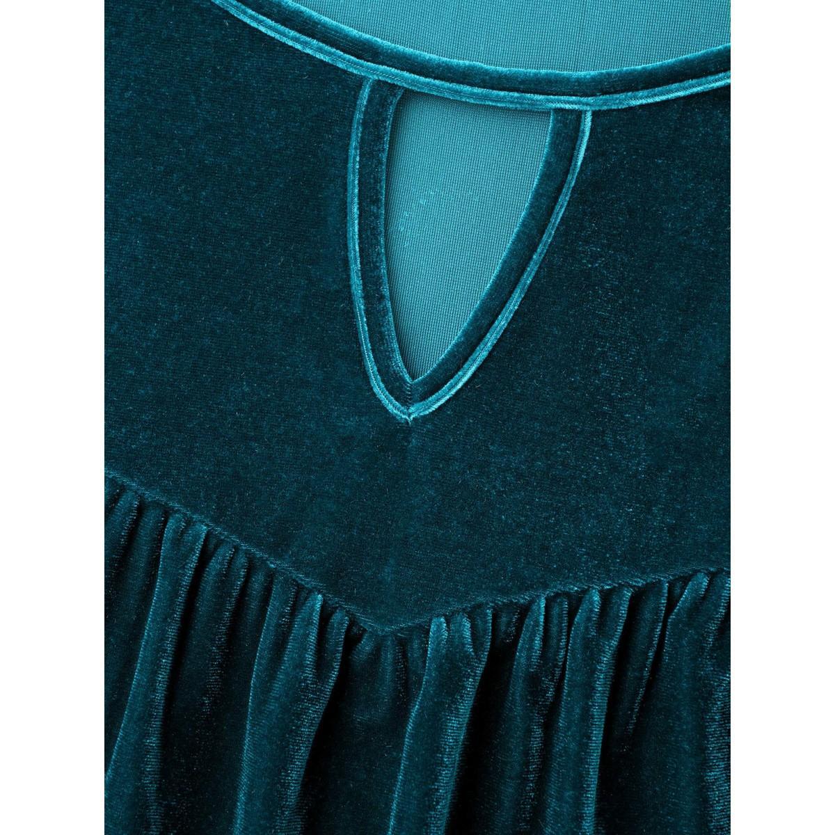 Plus Size Aegean Plain Hollow Out Gathered Velvet Blouse Women Cocktail Long Sleeve Round Neck Party Blouses BloomChic 28/5X Product Image
