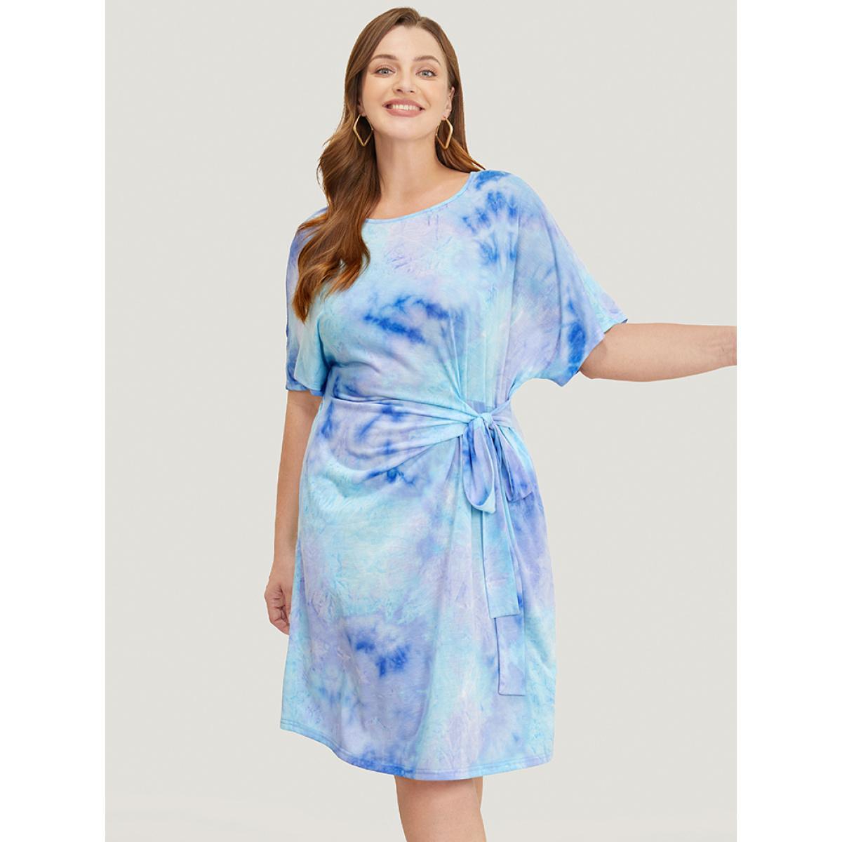Plus Size Tie Dye Pocket Knotted Front Batwing Sleeve Knee Dress Stone Women Casual Knotted Round Neck Short sleeve Curvy Knee Dress BloomChic 10/M Product Image