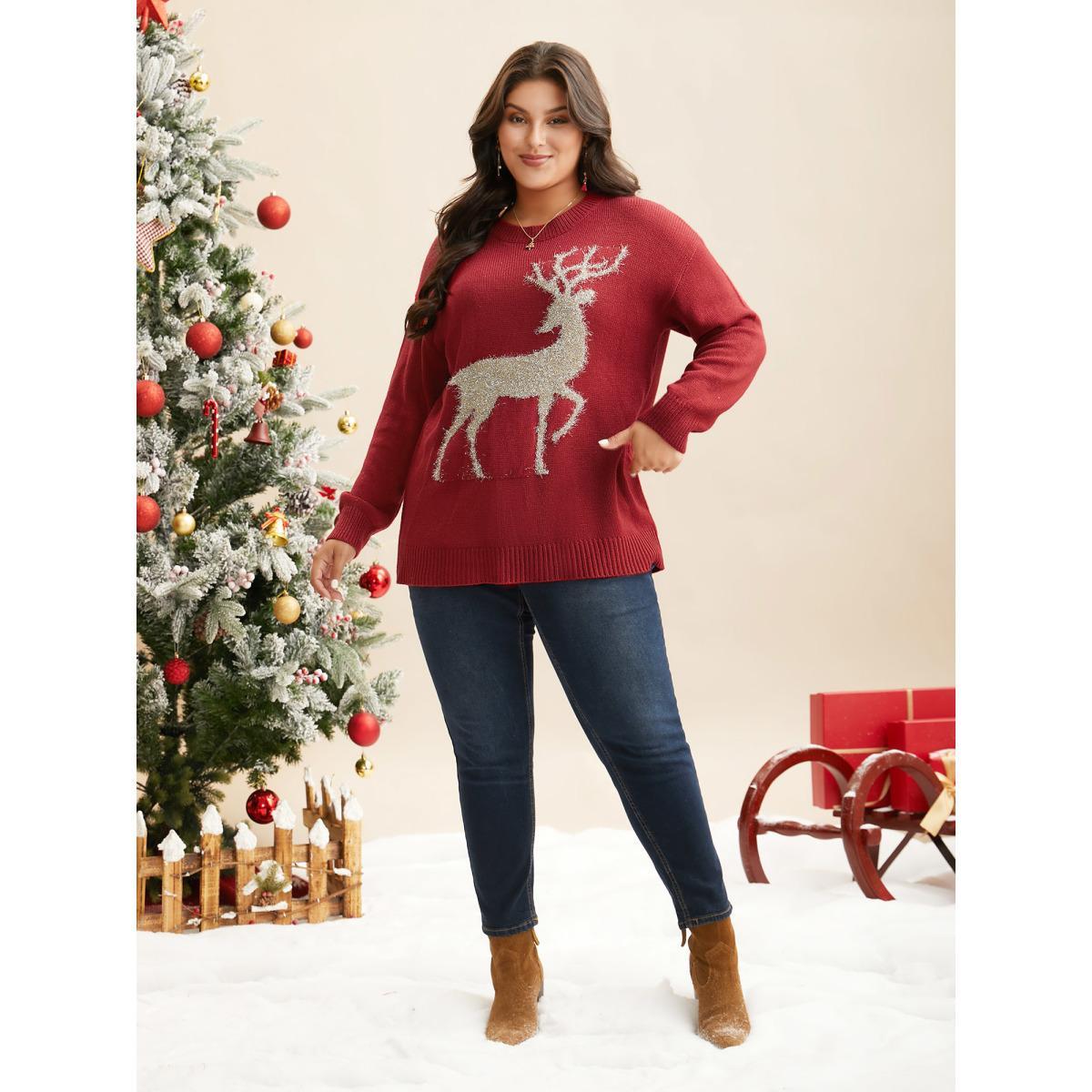 Plus Size Fuzzy Reindeer Motif Crew-Neck Pullover Scarlet Women Casual Loose Long Sleeve Round Neck Everyday Pullovers BloomChic 22-24/3X Product Image