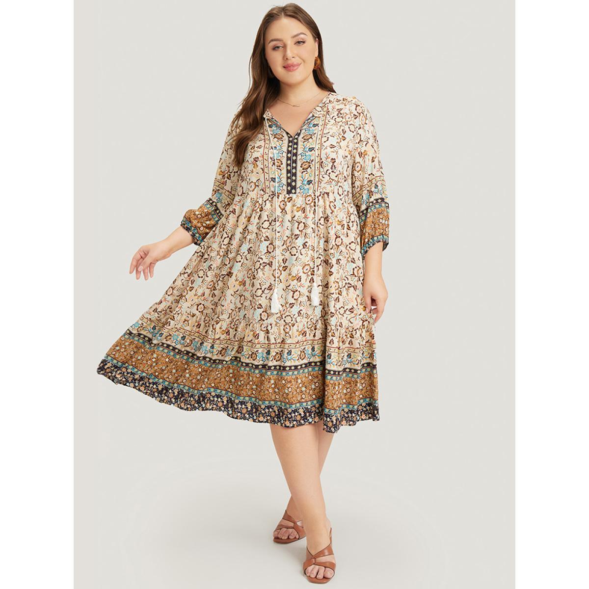 Plus Size Bandana Tassels Ties Neck Pocket Ruffle Hem Dress Indigo Women Vacation Tassels Tie Neck Elbow-length sleeve Curvy Midi Dress BloomChic 28/5X Product Image