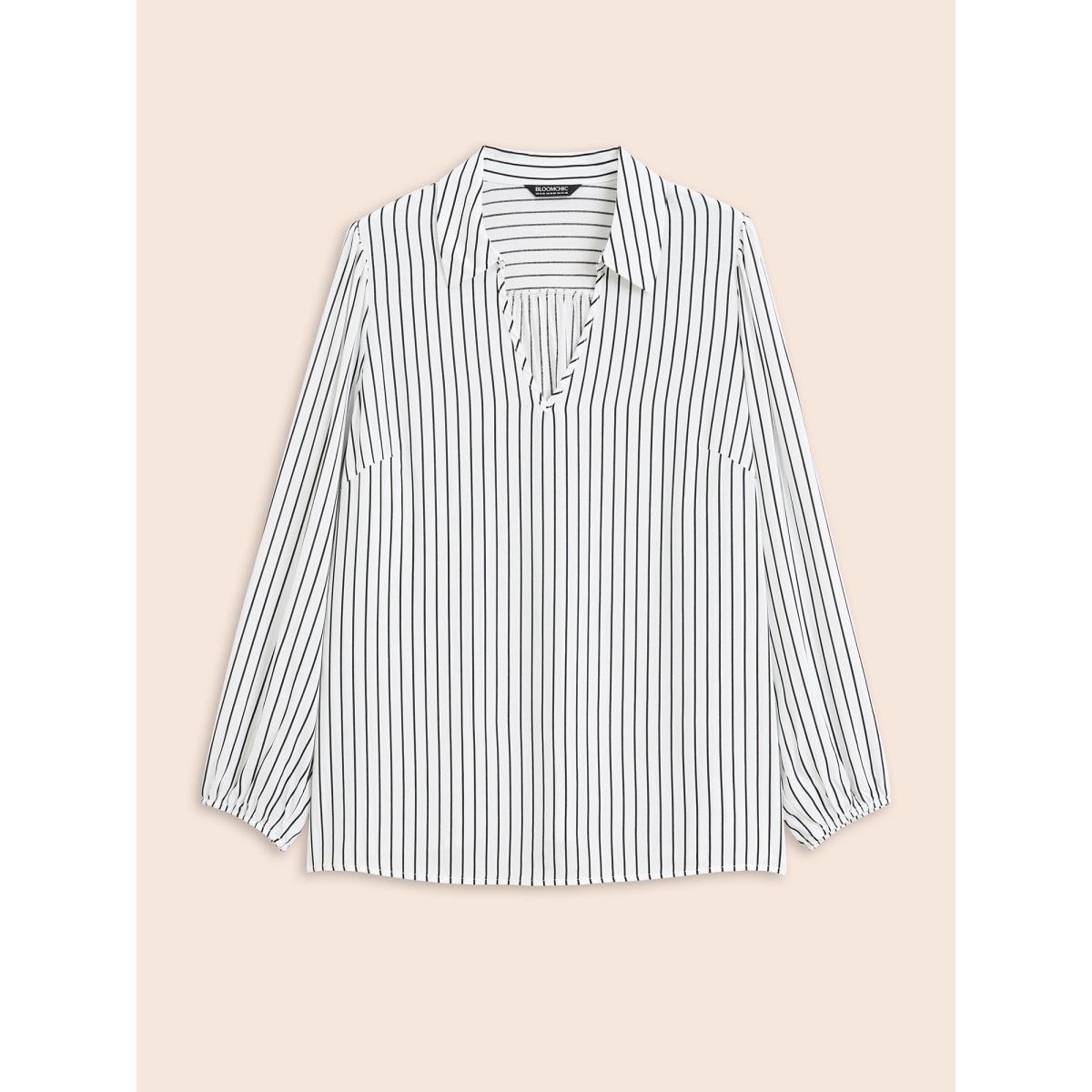 Plus Size WhiteSmoke Striped Lapel Collar Lantern Sleeve Blouse Women Workwear Essentials Long Sleeve V-neck Work Blouses BloomChic 30/6X Product Image