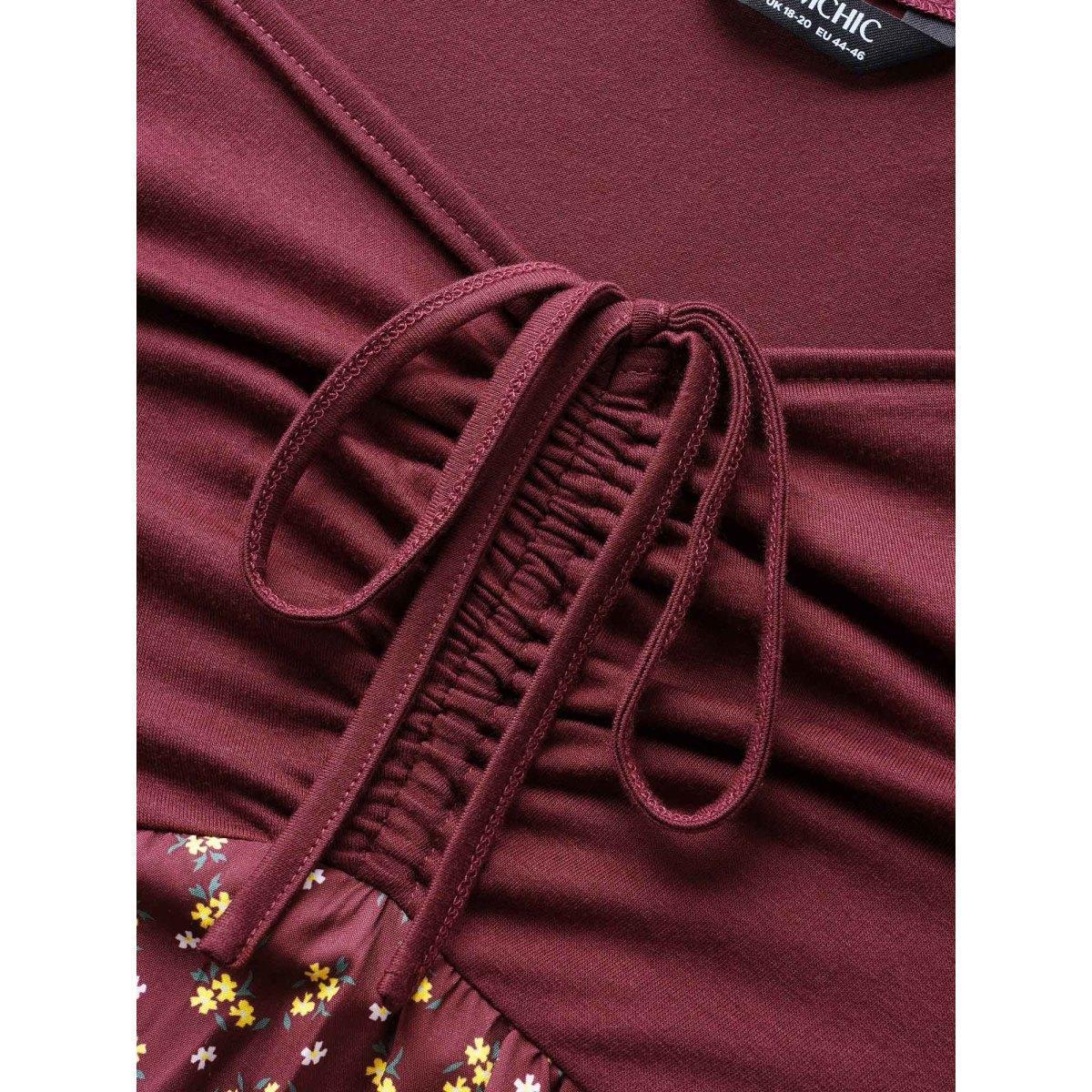 Plus Size Ditsy Floral Patchwork Ruffle Layered Hem Dress Burgundy Women Elegant Patchwork Heart neckline Short sleeve Curvy BloomChic 10/M Product Image