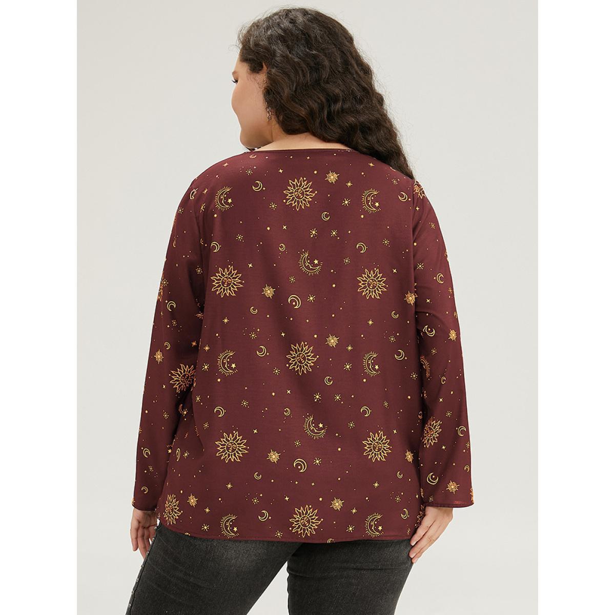 Plus Size Scarlet Halloween Moon & Star Print Pleated Tab Sleeve Blouse Women Elegant Elbow-length sleeve V-neck Festival-Halloween Blouses BloomChic 10/M Product Image