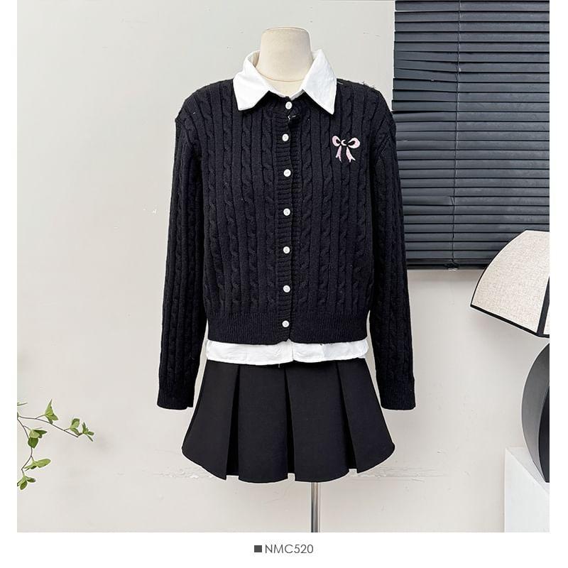 Set: Bow-Embroidered Button-Up Knit Top + Plain Shirt Product Image
