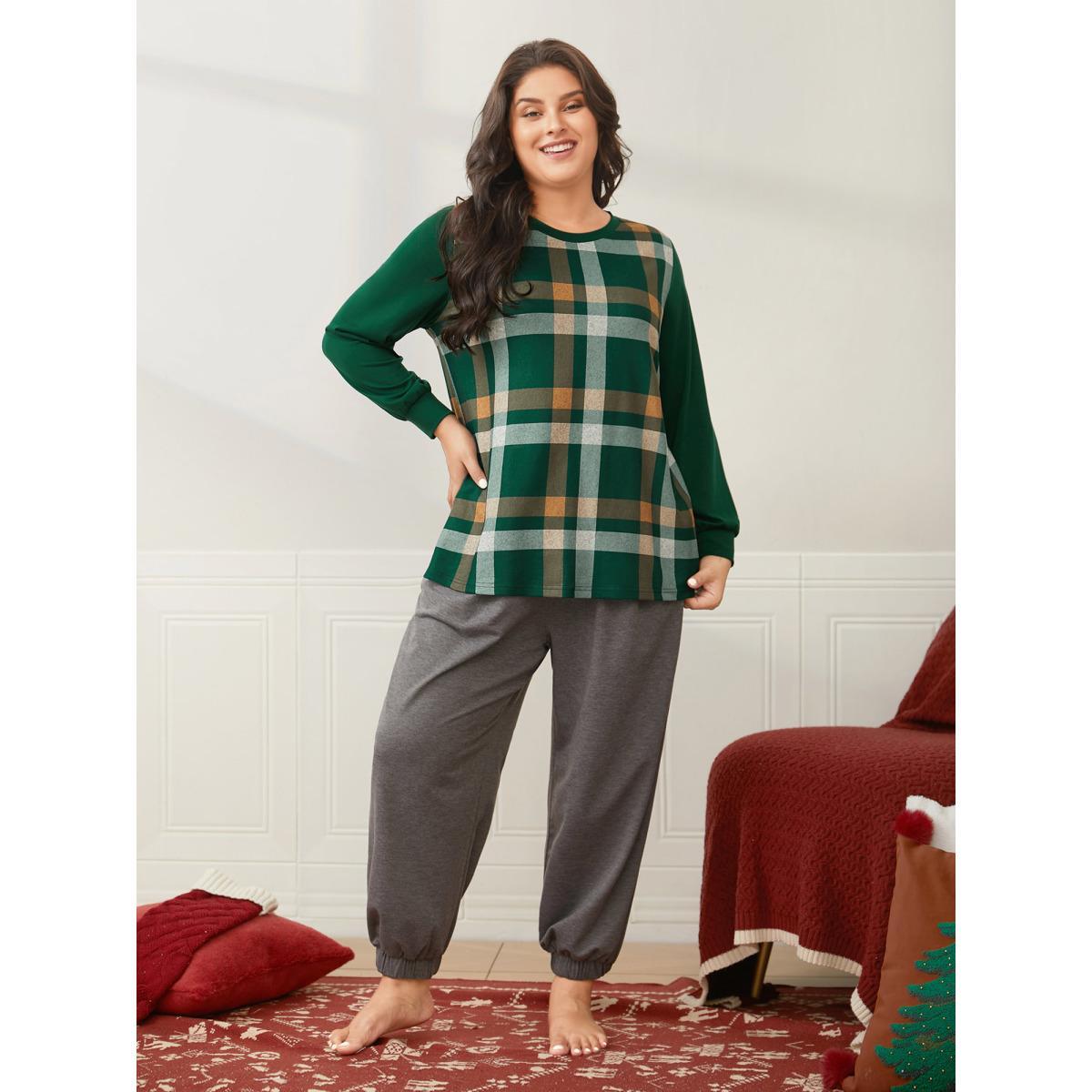 Plus Size Plaid Patchwork Solid Long-Sleeves Tee DarkGreen Women Casual Contrast Round Neck Everyday T-shirts BloomChic 30/6X Product Image