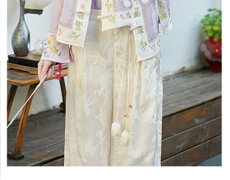 Long-Sleeve Round Neck Floral Embroidered Top / High Waist Floral Jacquard Wide Leg Pants / Vest Product Image