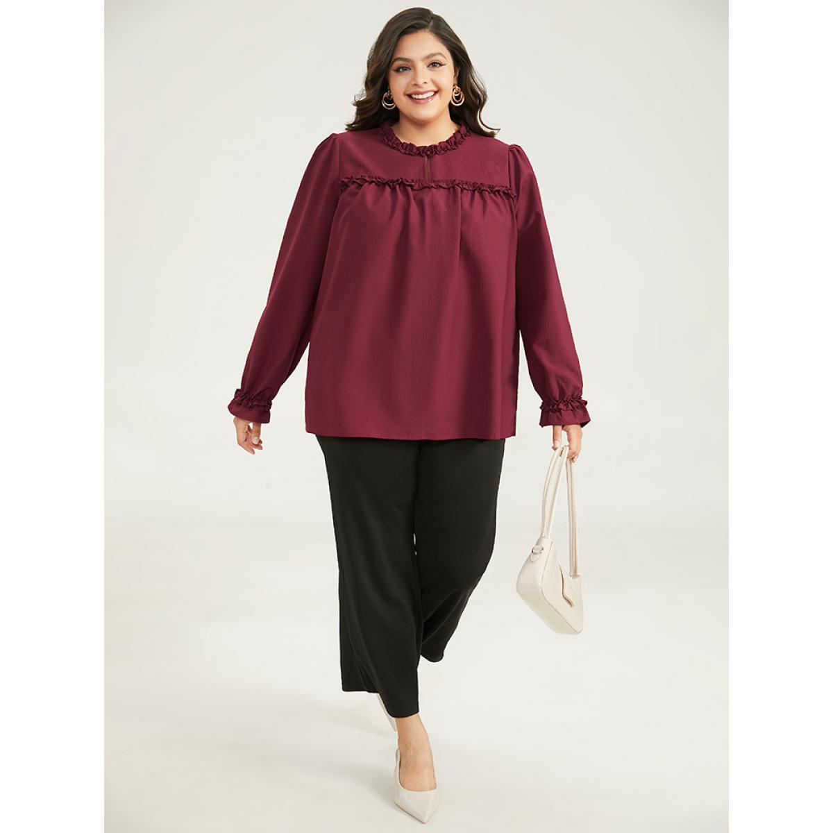 Plus Size Maroon Solid Frill Trim Puff Sleeve Blouse Women Office Long Sleeve Round Neck Work Blouses BloomChic 12/L Product Image